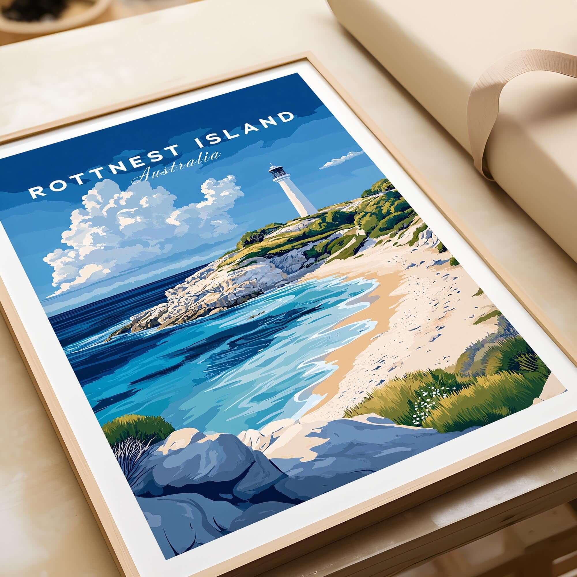 Rottnest Island Poster Australia featuring a scenic beach view with a lighthouse and vibrant colors.