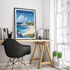 Rottnest Island Poster Australia displayed in a modern home office with a stylish chair and natural light.