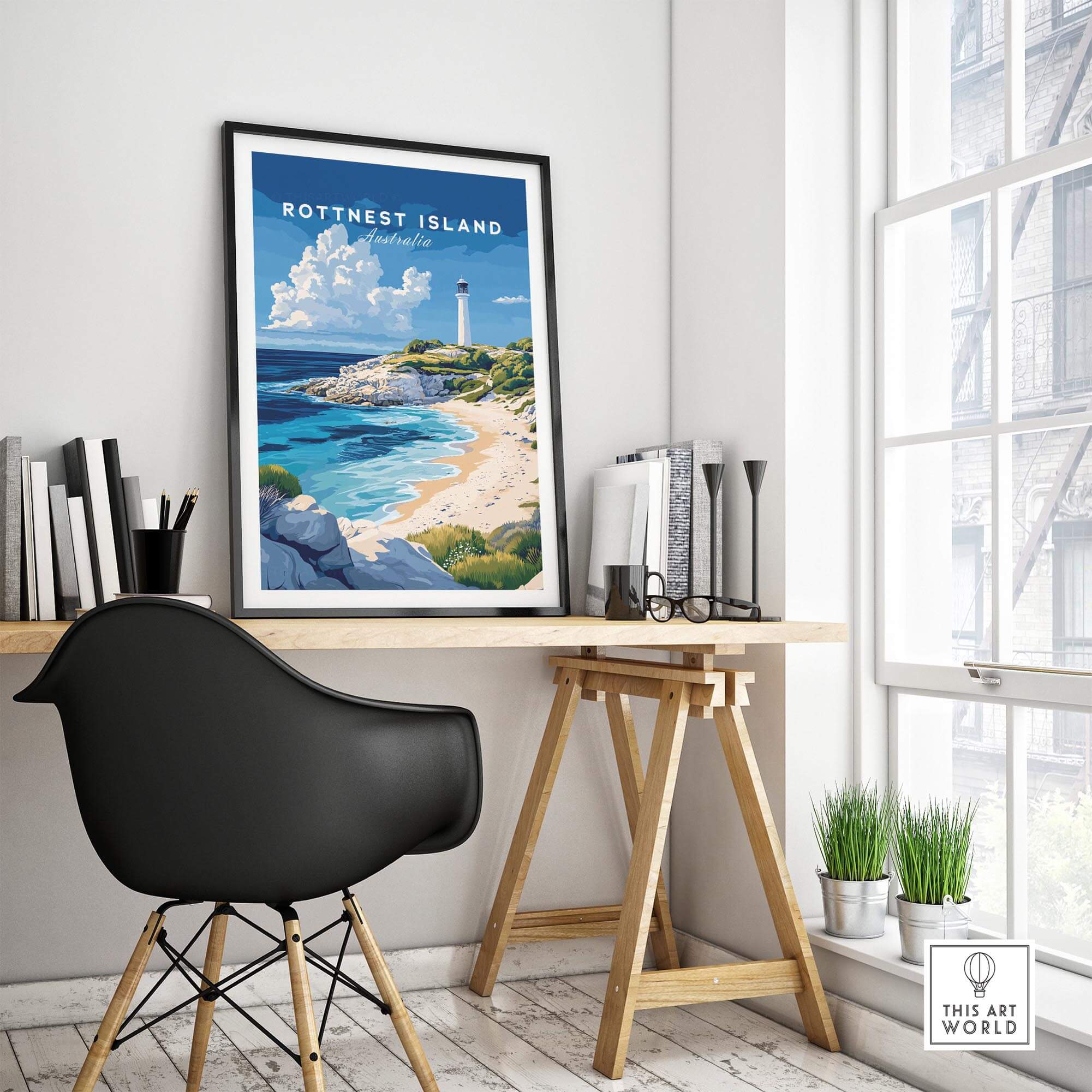 Rottnest Island Poster Australia displayed in a modern home office with a stylish chair and natural light.