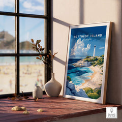 Rottnest Island Poster Australia displayed in a cozy interior, showcasing vibrant coastal scenery and a lighthouse.