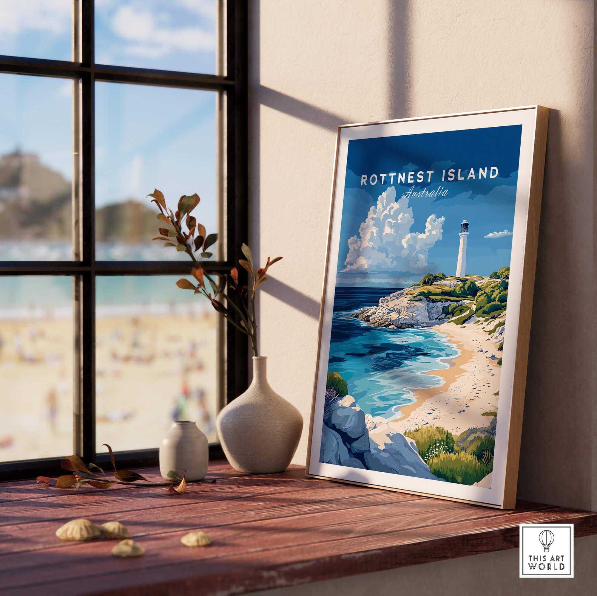 Rottnest Island Poster Australia displayed in a cozy interior, showcasing vibrant coastal scenery and a lighthouse.