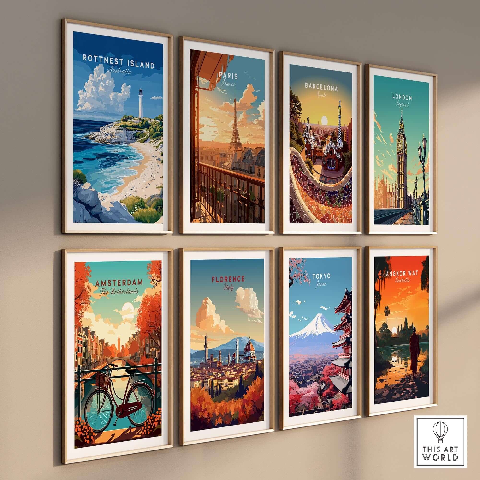 Rottnest Island Poster Australia displayed among other city posters like Paris and Barcelona on a wall.