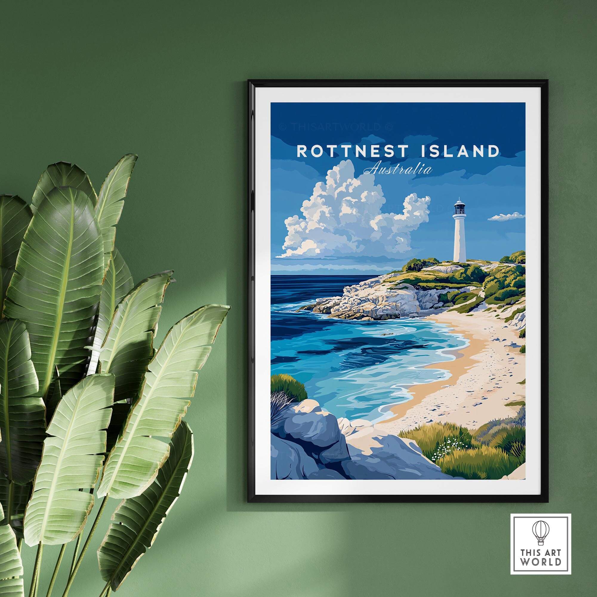 Rottnest Island Poster Australia featuring vibrant views and a lighthouse on a green wall.