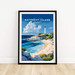 Rottnest Island Poster Australia featuring a scenic beach and lighthouse illustration on a framed wall art print.