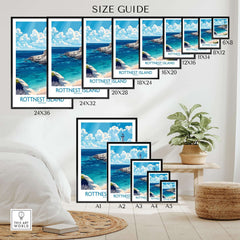 Rottnest Island Print size guide for artwork featuring vibrant colors and coastal scenery in various frame sizes.