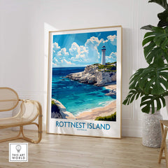 Rottnest Island Print showcasing a beautiful coastal landscape with lighthouse and vibrant colors.