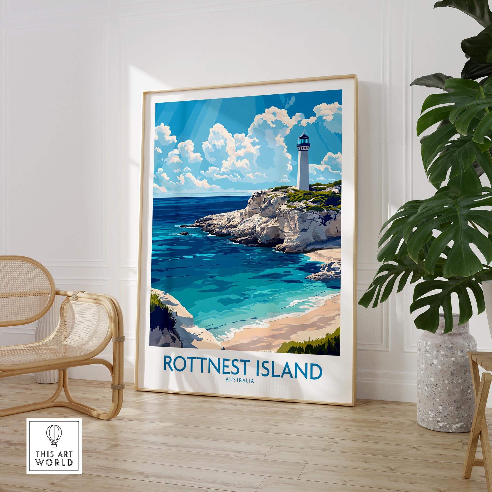 Rottnest Island Print showcasing a beautiful coastal landscape with lighthouse and vibrant colors.