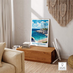 Rottnest Island Print displayed in a cozy living room, showcasing vibrant colors and scenic coastal landscape.