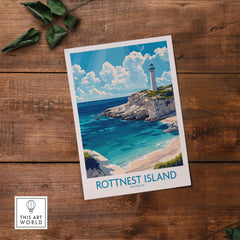 Rottnest Island Print showcasing a vibrant landscape, lighthouse, and ocean view, perfect for home decor.