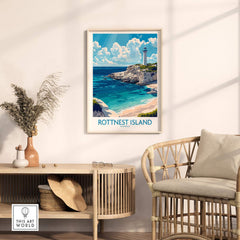 Rottnest Island Print showcasing a beautiful coastal scene with a lighthouse, perfect for home decor.