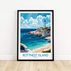 Rottnest Island Print showcasing a vibrant coastal scene with a lighthouse and turquoise waters in Australia.
