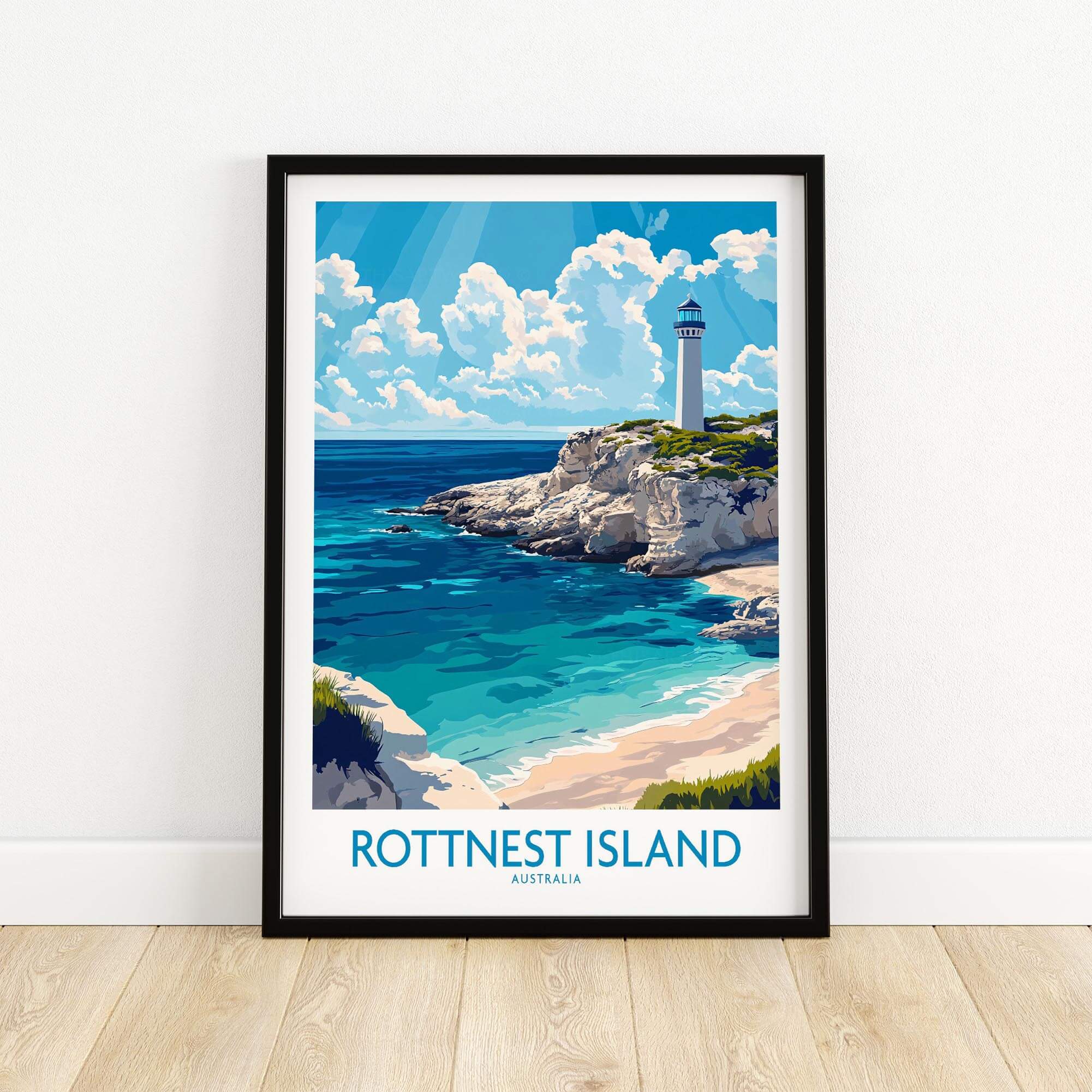 Rottnest Island Print showcasing a vibrant coastal scene with a lighthouse and turquoise waters in Australia.