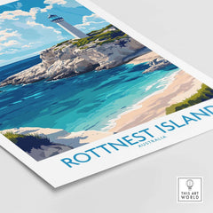 Rottnest Island Print showcasing vibrant colors and scenic lighthouse view of Rottnest Island in Australia.