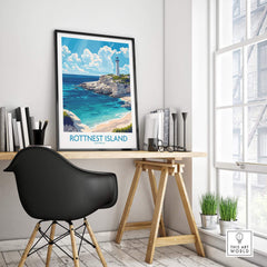 Rottnest Island Print displayed in a stylish workspace, showcasing Australia's stunning coastal beauty.