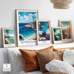 Art display featuring Rottnest Island Print alongside travel posters from different locations.