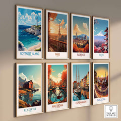 Rottnest Island Print among other travel posters including Paris, Florence, Tokyo, and more showcasing vibrant cityscapes.