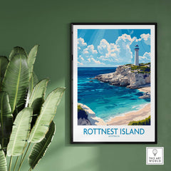 Rottnest Island Print featuring a beautiful coastal scene with a lighthouse and vibrant blue waters.