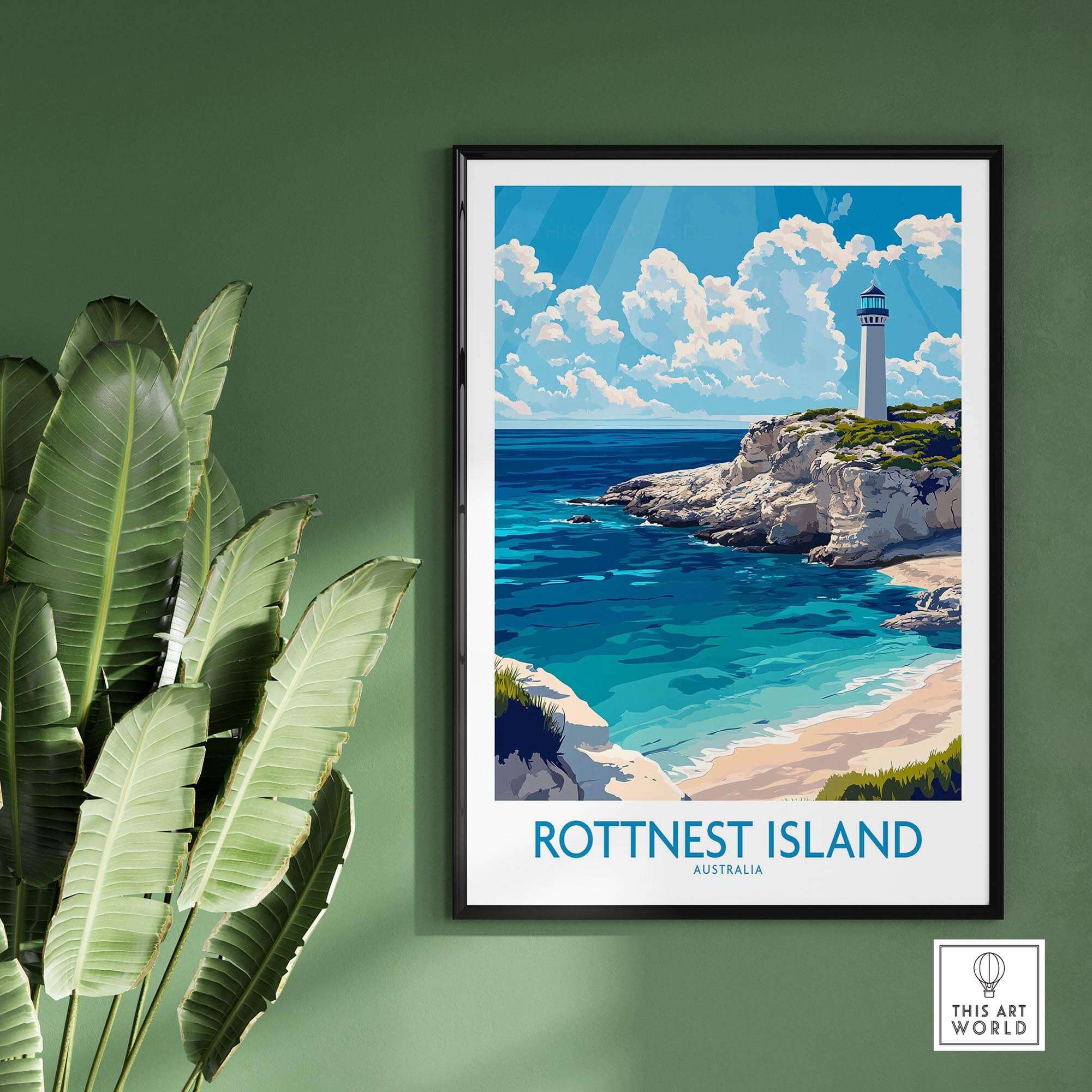 Rottnest Island Print featuring a beautiful coastal scene with a lighthouse and vibrant blue waters.