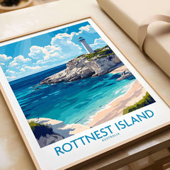Rottnest Island Print showcasing a lighthouse and stunning coastal scenery in vibrant colors.