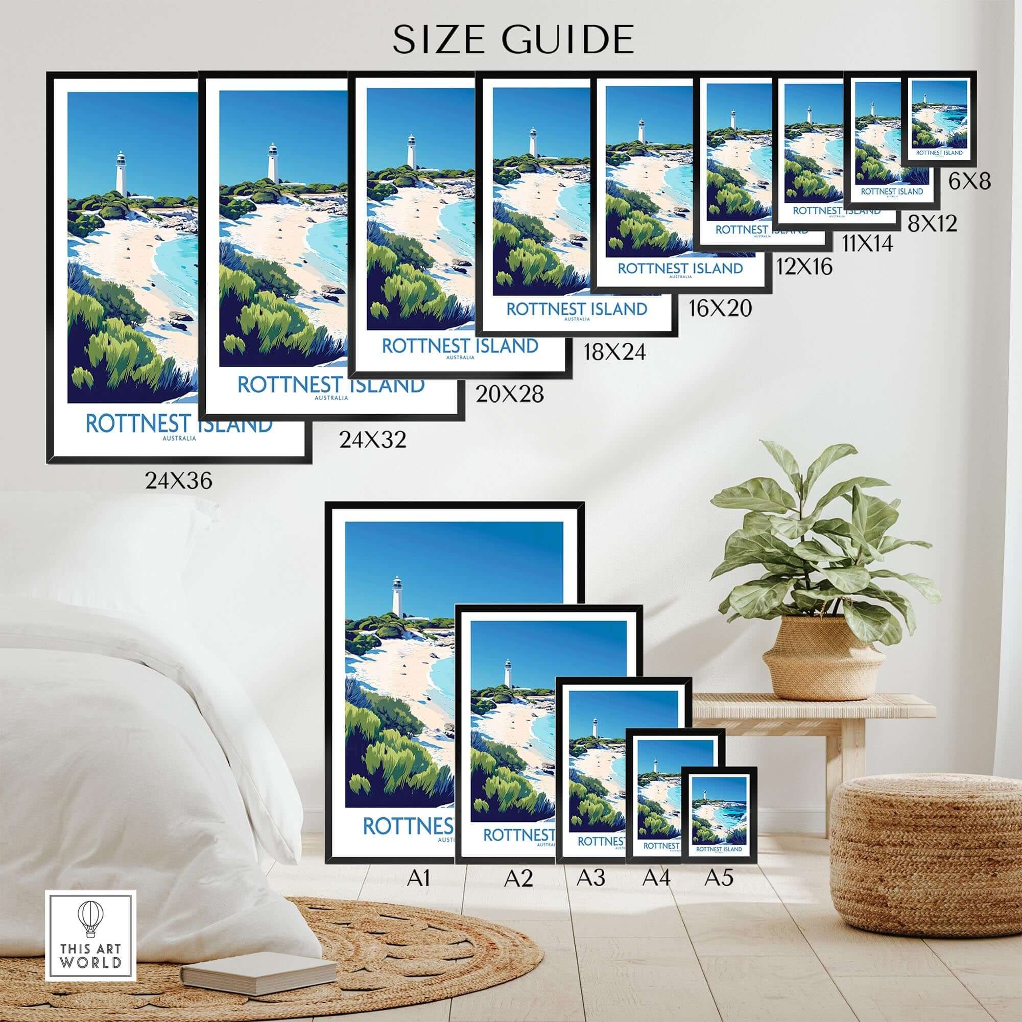 Rottnest Island Travel Poster size guide showcasing various print sizes and home decor setting.