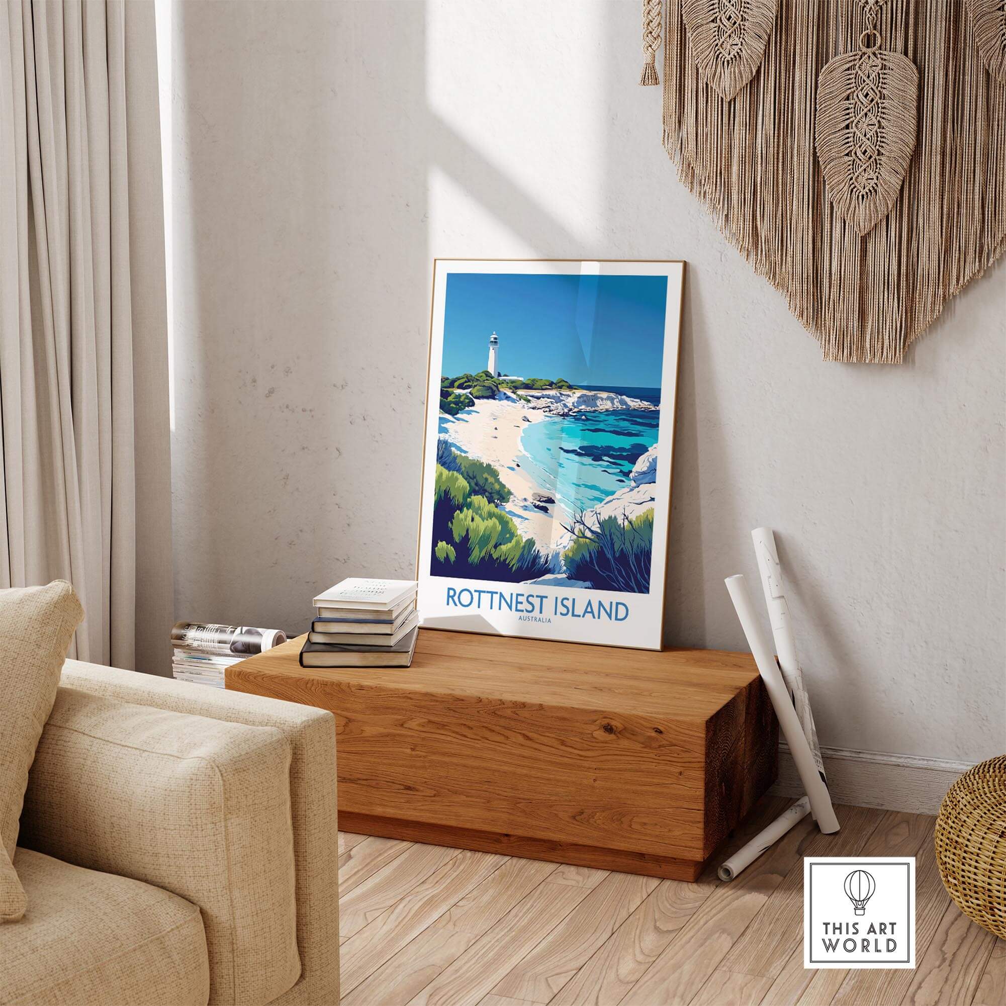 Rottnest Island Travel Poster displayed in a bright living room, showcasing the island's beautiful landscape.