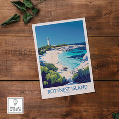Rottnest Island Travel Poster featuring stunning coastal scenery and a lighthouse, perfect for art enthusiasts.