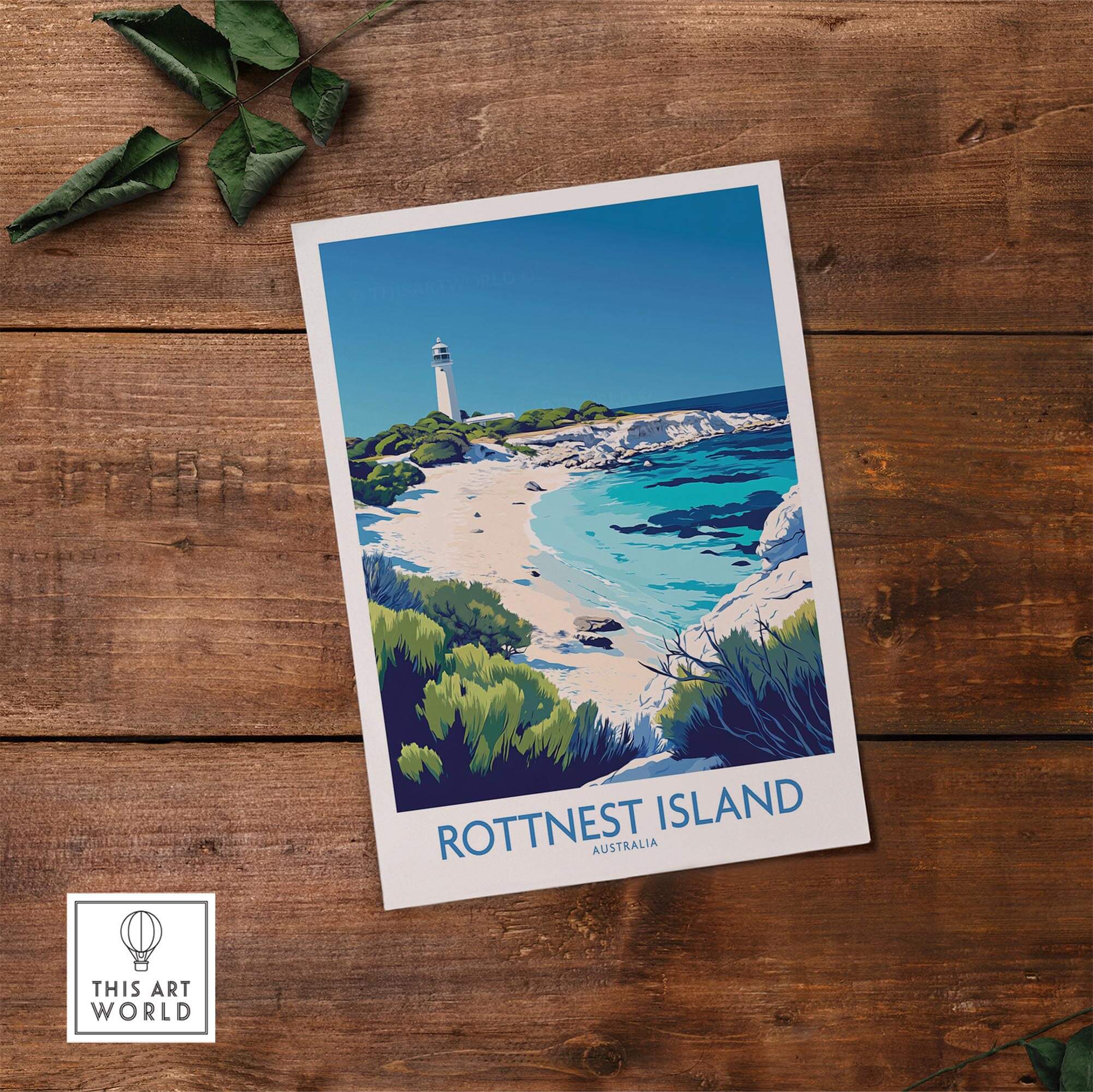Rottnest Island Travel Poster featuring stunning coastal scenery and a lighthouse, perfect for art enthusiasts.