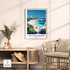 Rottnest Island Travel Poster featuring a scenic view of the beach and lighthouse, perfect for art enthusiasts.