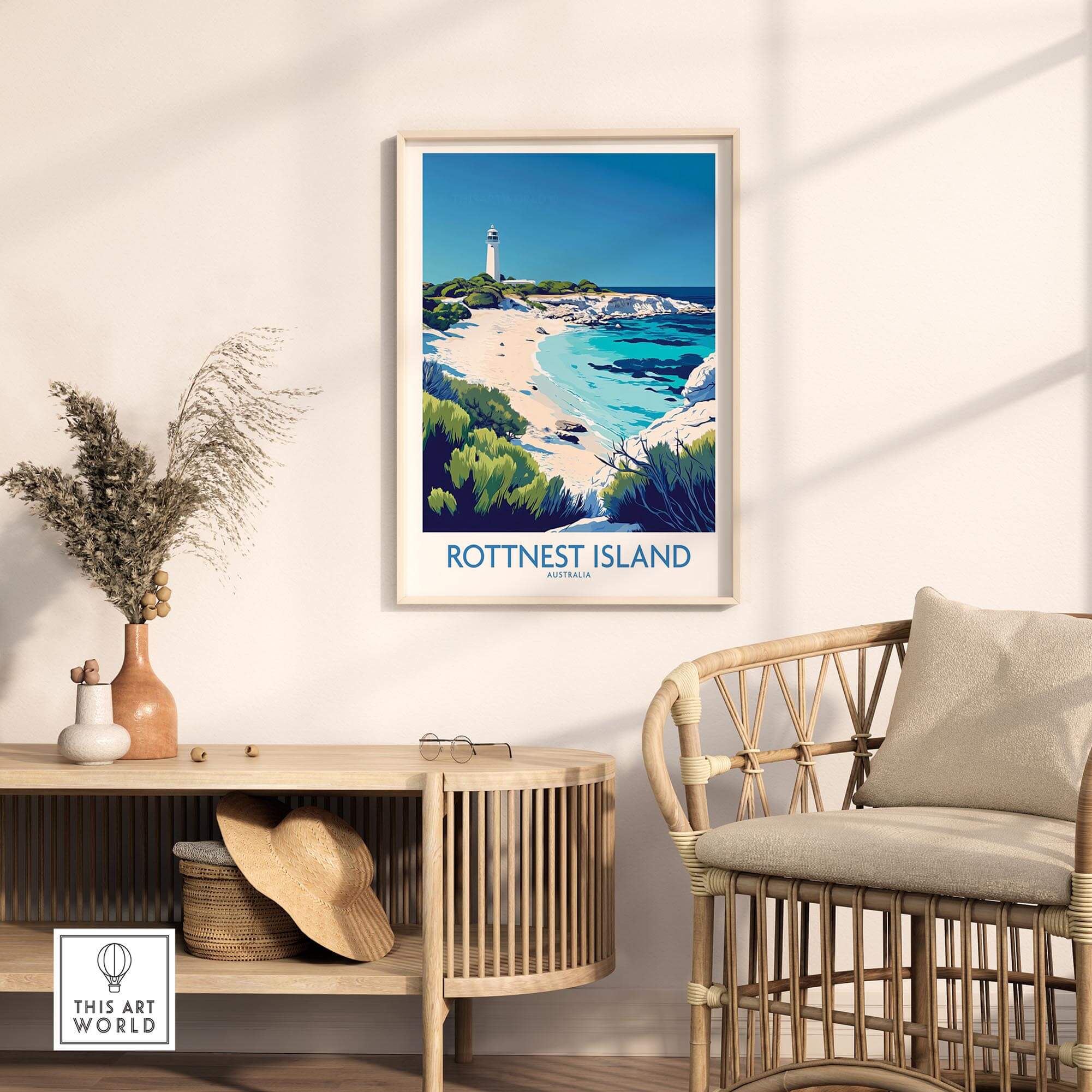Rottnest Island Travel Poster featuring a scenic view of the beach and lighthouse, perfect for art enthusiasts.