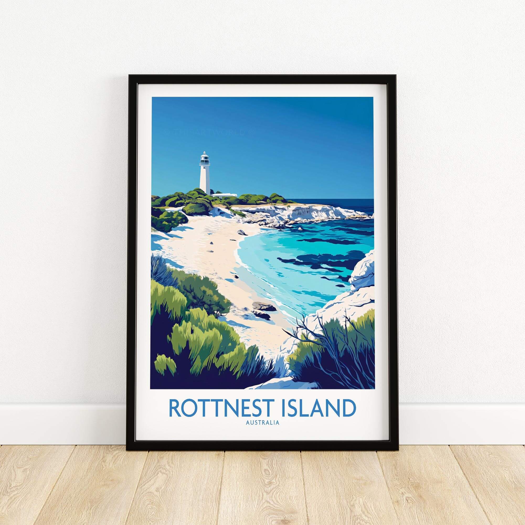 Rottnest Island Travel Poster showcasing a beautiful landscape with a lighthouse and beach in Australia.