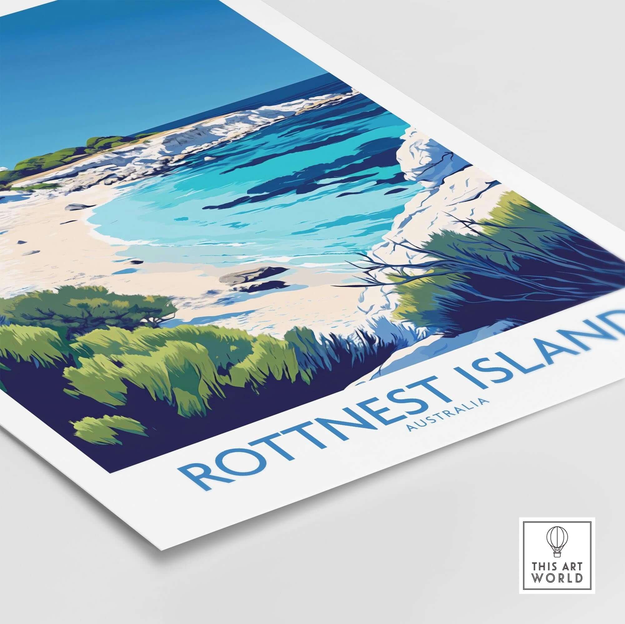 Rottnest Island Travel Poster features stunning coastal scenery and vibrant landscapes of Rottnest Island in Australia.