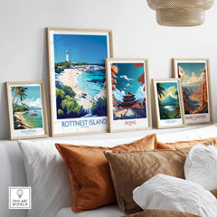 Rottnest Island Travel Poster displayed among other travel posters on a stylish shelf, showcasing beautiful landscapes.