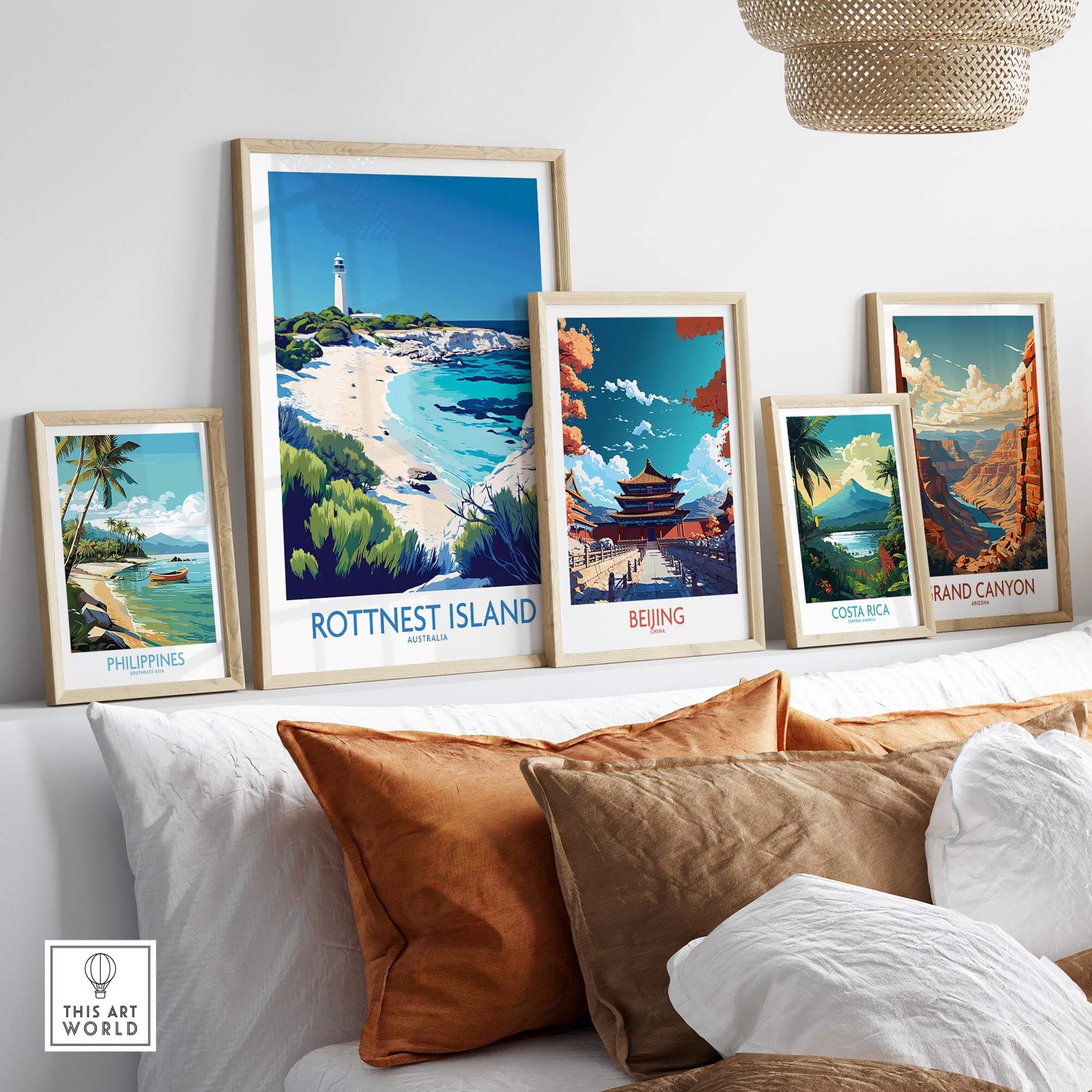 Rottnest Island Travel Poster displayed among other travel posters on a stylish shelf, showcasing beautiful landscapes.