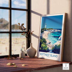 Rottnest Island Travel Poster showcasing the island's beauty with a lighthouse and beach scenery in Australia.