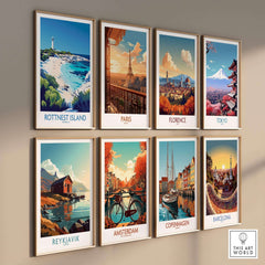 Rottnest Island Travel Poster among other iconic travel posters on a wall.