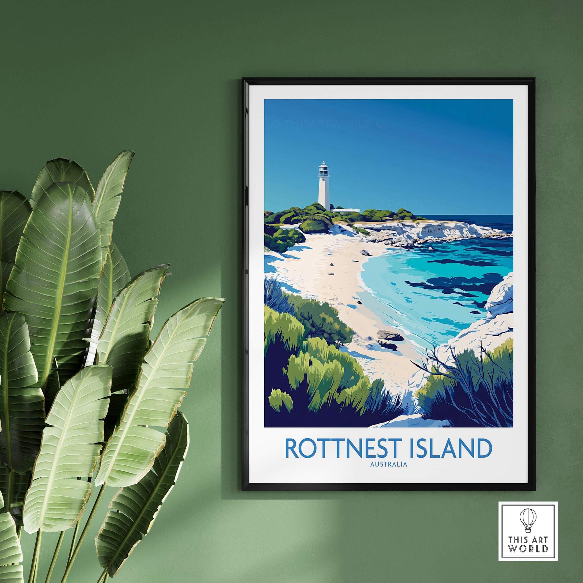 Rottnest Island Travel Poster featuring a scenic beach and lighthouse in Australia.