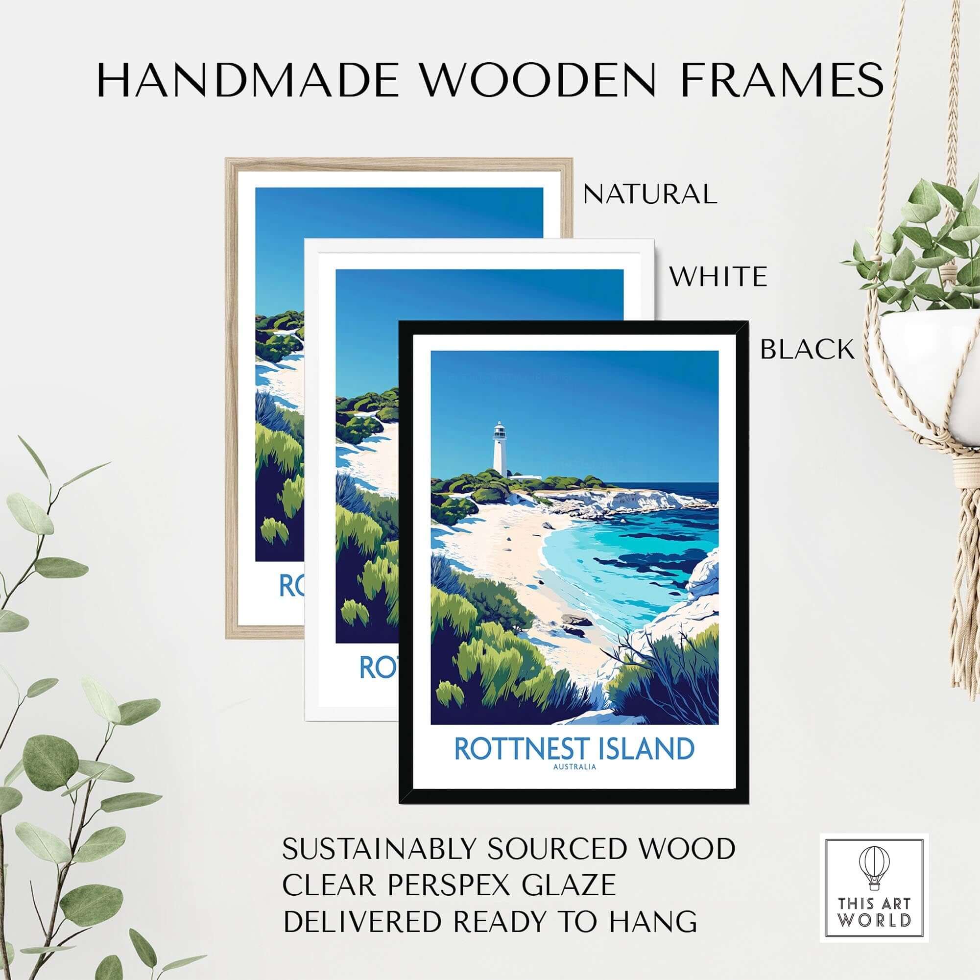 Handmade wooden frames in natural, white, and black for Rottnest Island Travel Poster, ready to hang.
