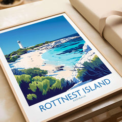 Rottnest Island Travel Poster showcasing the island's stunning landscapes and lighthouse in Australia.