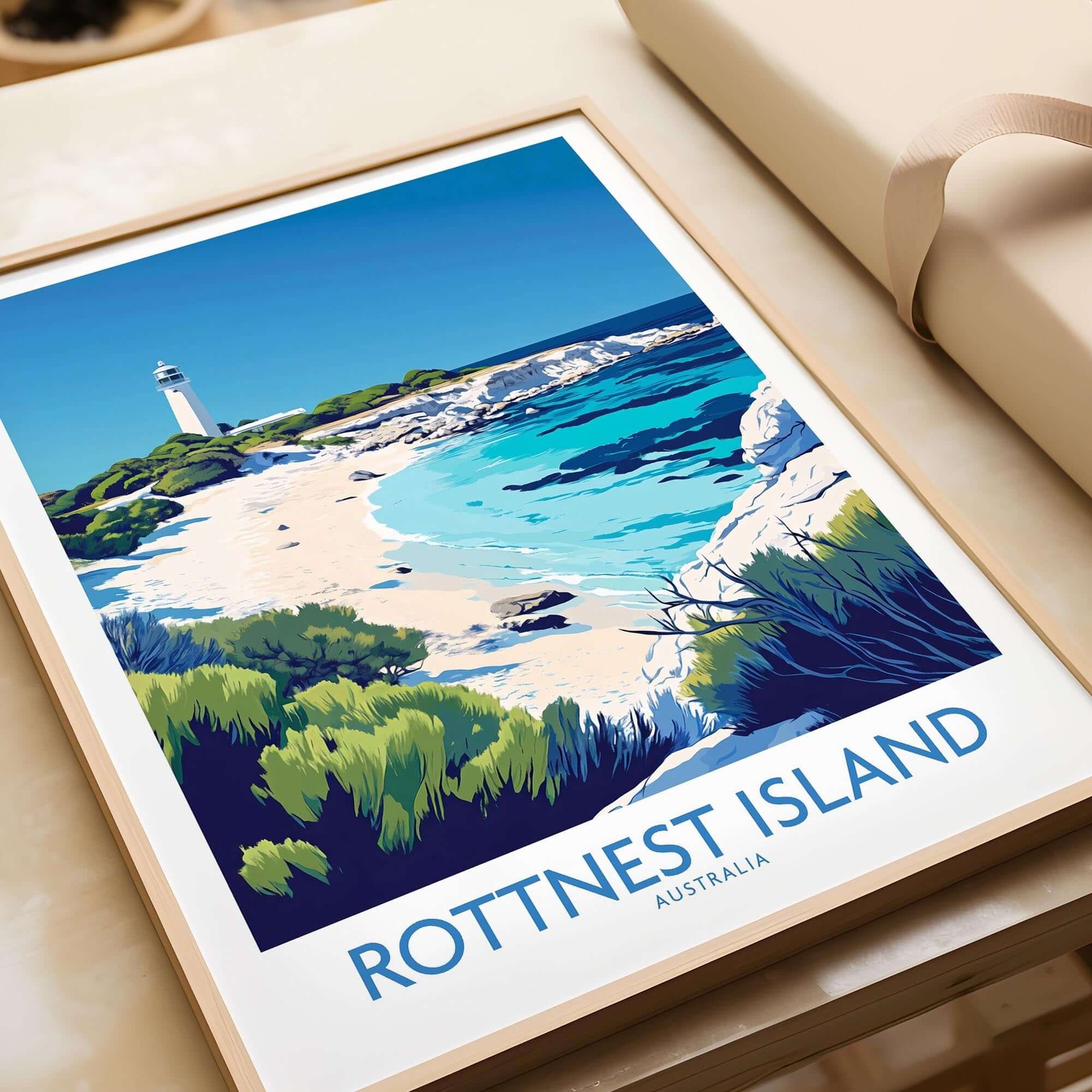 Rottnest Island Travel Poster showcasing the island's stunning landscapes and lighthouse in Australia.
