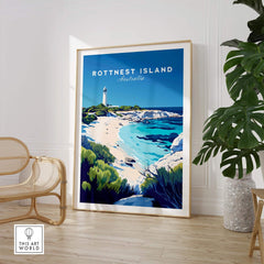 Rottnest Island Travel Print showcasing a picturesque lighthouse and beach in vibrant colors, perfect for home decor.