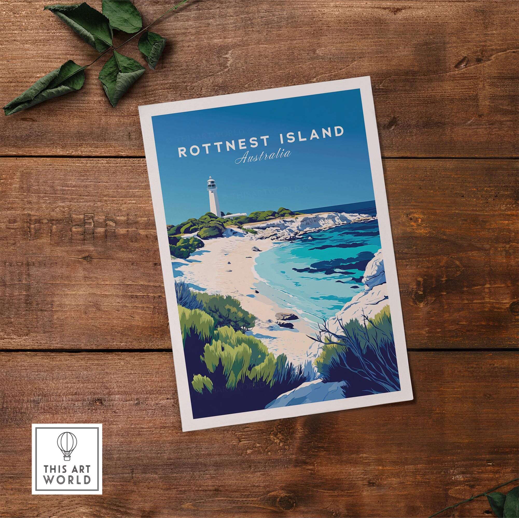 Rottnest Island Travel Print showcasing vibrant coastal scenery and a lighthouse on wooden background.