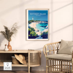 Rottnest Island Travel Print featuring a coastal scene, bright colors, and intricate details in a stylish home decor setting.