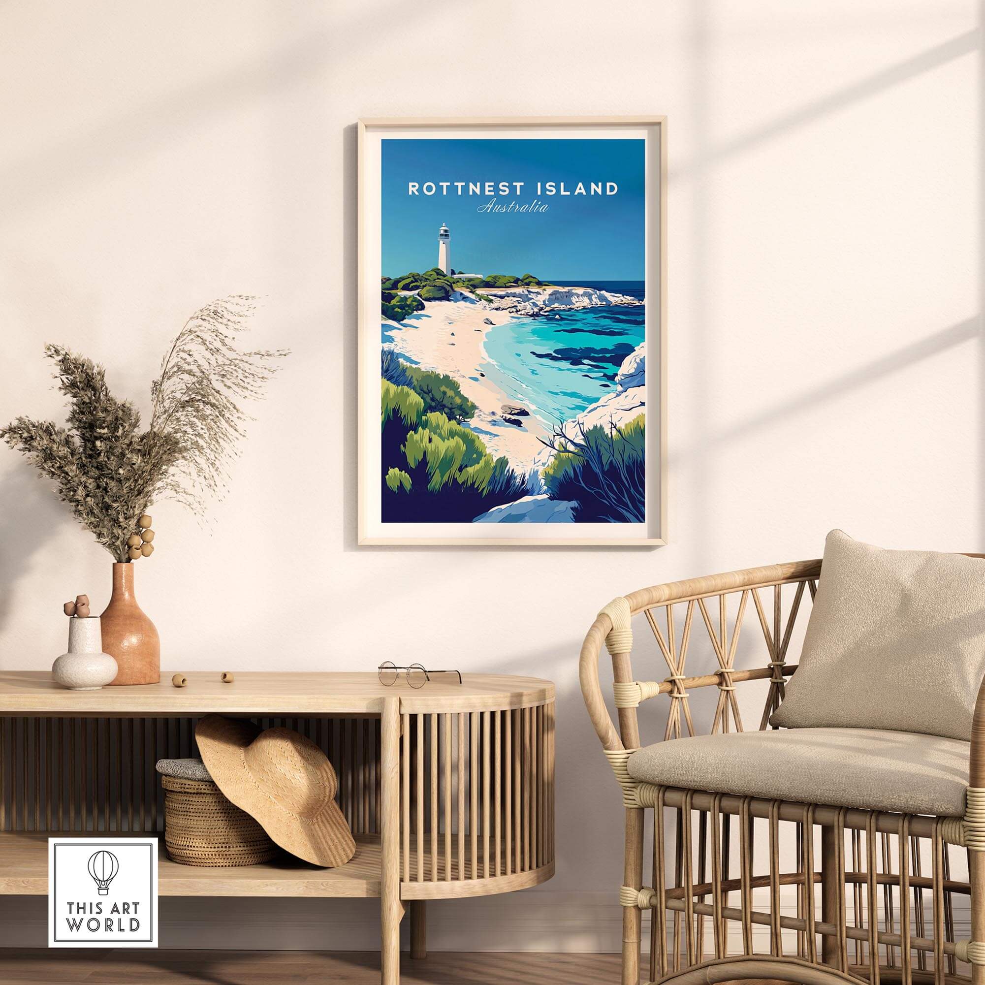 Rottnest Island Travel Print featuring a coastal scene, bright colors, and intricate details in a stylish home decor setting.