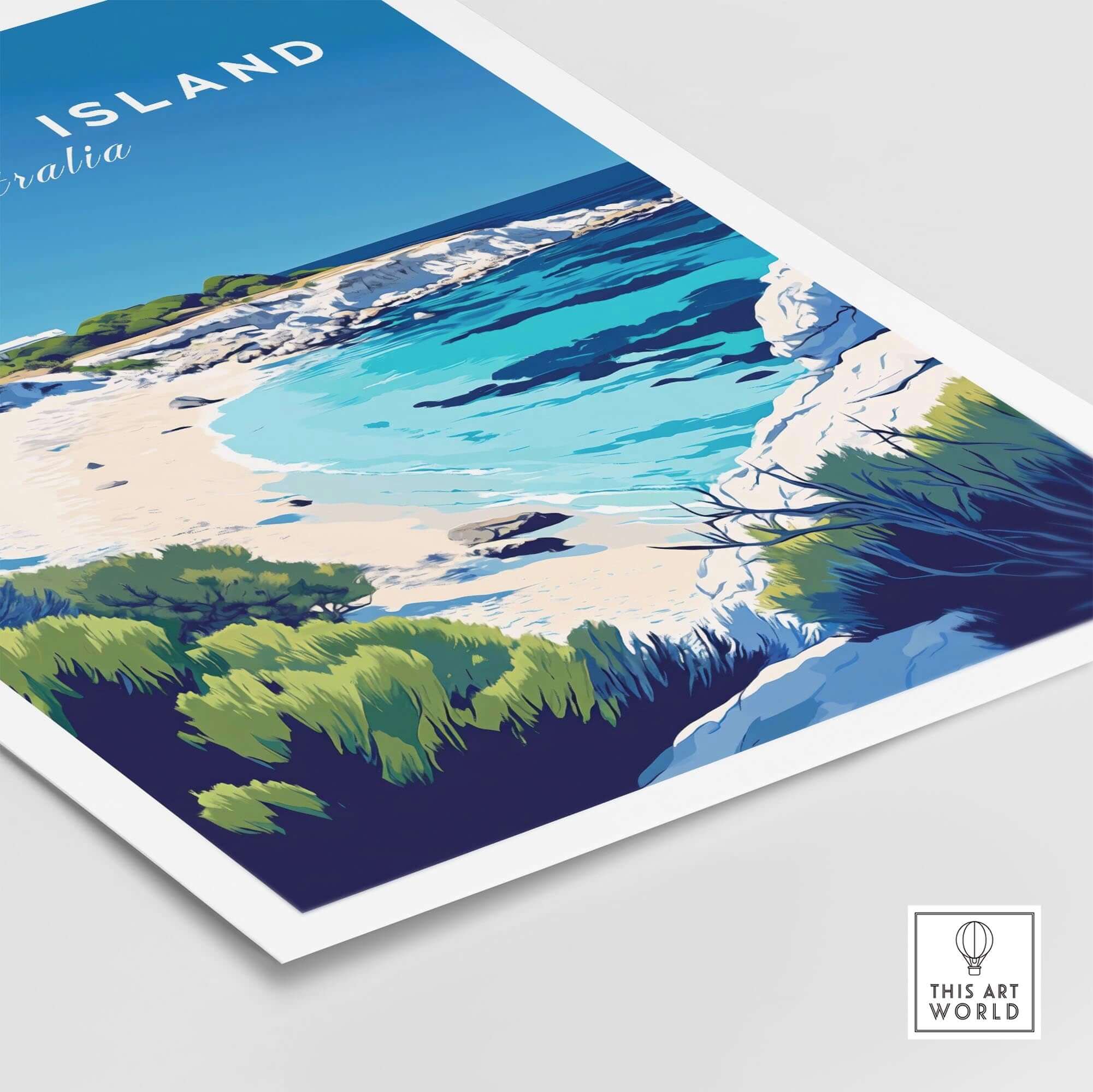 Rottnest Island Travel Print showcasing a vibrant beach scene with azure waters and lush greenery in Australia.