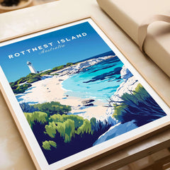 Rottnest Island Travel Print showcasing vibrant colors and coastal beauty of Rottnest Island, Australia.
