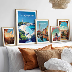 Collection of travel prints including Rottnest Island Travel Print showcasing vibrant beach and cityscapes.