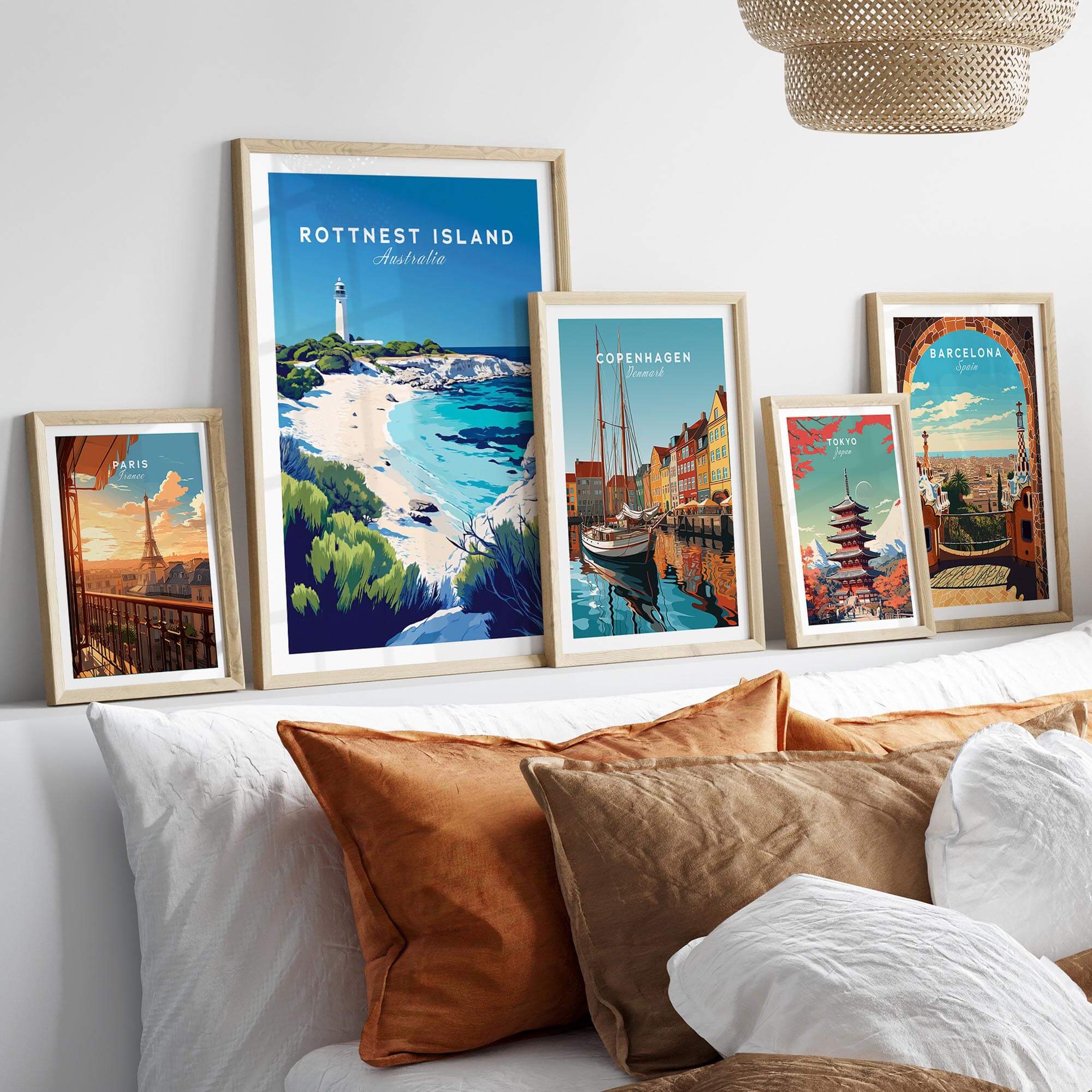 Collection of travel prints including Rottnest Island Travel Print showcasing vibrant beach and cityscapes.
