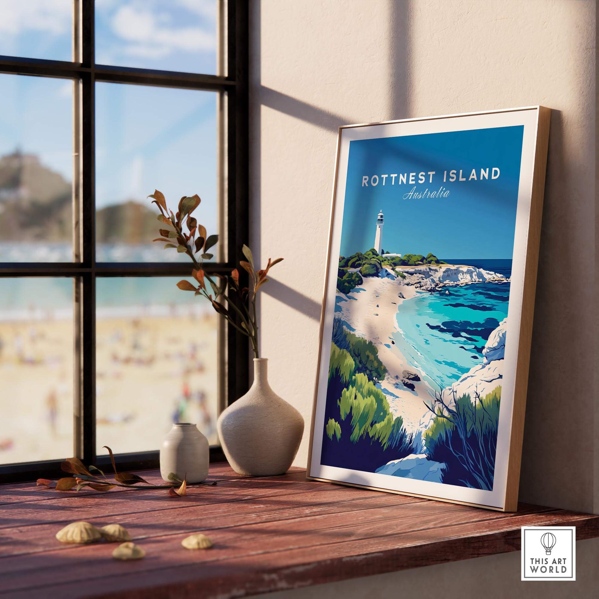 Rottnest Island Travel Print displayed in a bright room, featuring vibrant colors of the island's beach and lighthouse.
