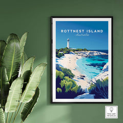 Rottnest Island Travel Print featuring vibrant colors of Australia's coastline and lighthouse.