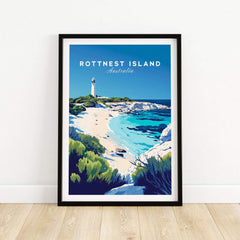 Rottnest Island Travel Print showcasing a vibrant depiction of Australia's scenic landscape and lighthouse.